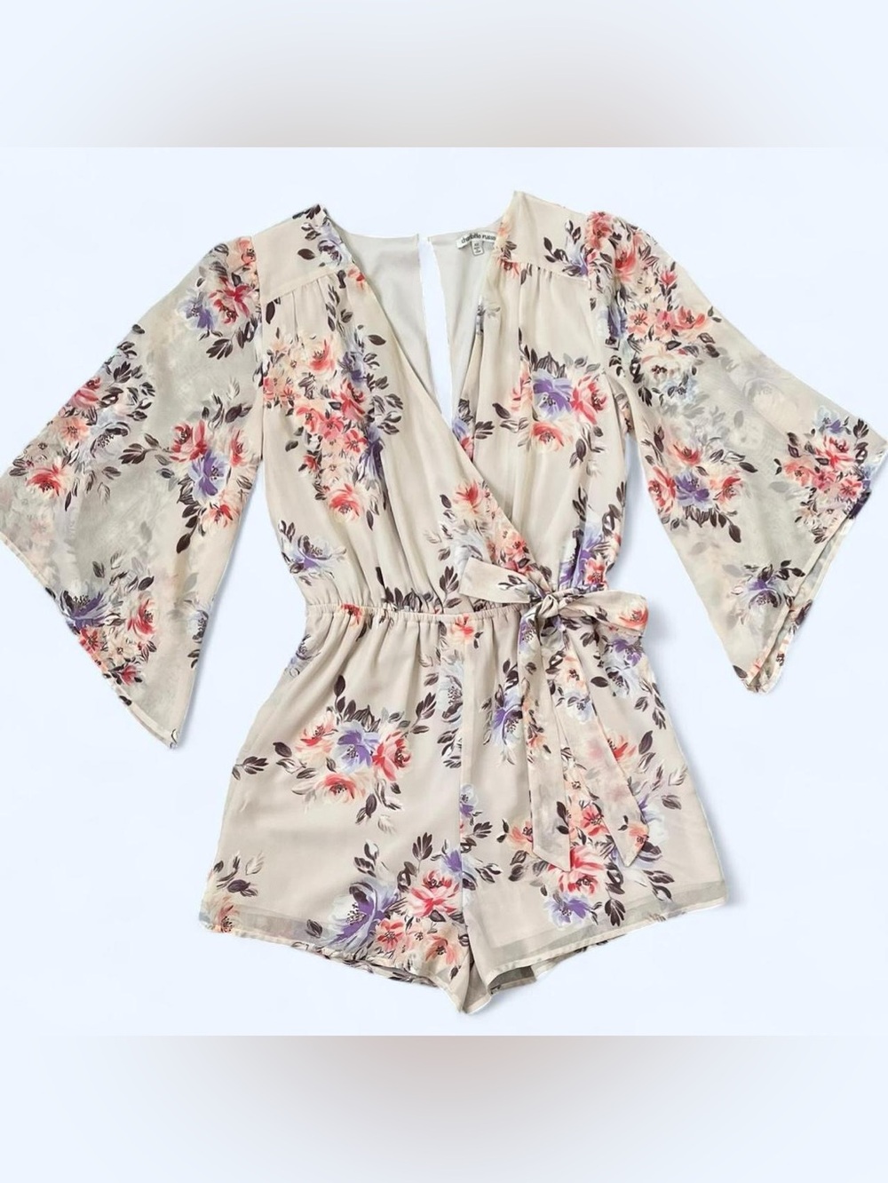 Charlotte Russe Size XS Baby Light Pink Purple Cream Floral Deep V Romper Shorts